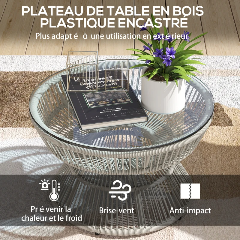 Outsunny Table basse de jardin ronde, table d'appoint en résine aspect rotin et plateau verre trempé Ø 60 x 37H cm
