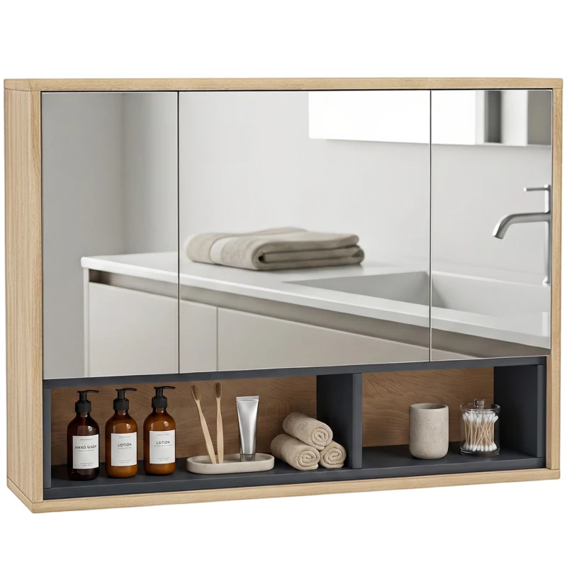 HOMCOM Mobilier de baie cu oglindă, dulap suspendat cu 3 uși și 8 compartimente, stejar