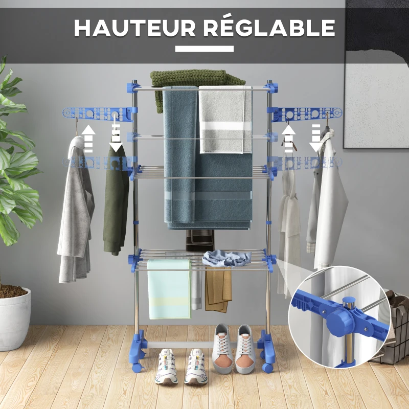 HOMCOM Séchoir à linge étendoir pliable ailes latérales utilisation intérieure et extérieure 3 niveaux 142 x 55 x 152 cm bleu