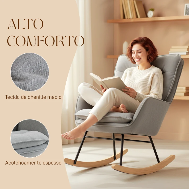 HOMCOM Poltrona Baloiço Estofada em Chenilla com Pés de Madeira de Faia e Apoio para os Braços para Lactância  71x98,5x97 cm Cinzento claro