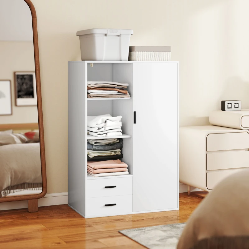 HOMCOM Armadio Moderno con 2 Cassetti, Ripiani Aperti e Vano Appendiabiti, 80x50x124 cm, Bianco