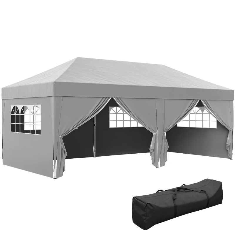 Outsunny Tonnelle de jardin exterieur tonnelle pliante 3 x 6 m avec 6 parois latérales, sac de transport inclus, gris