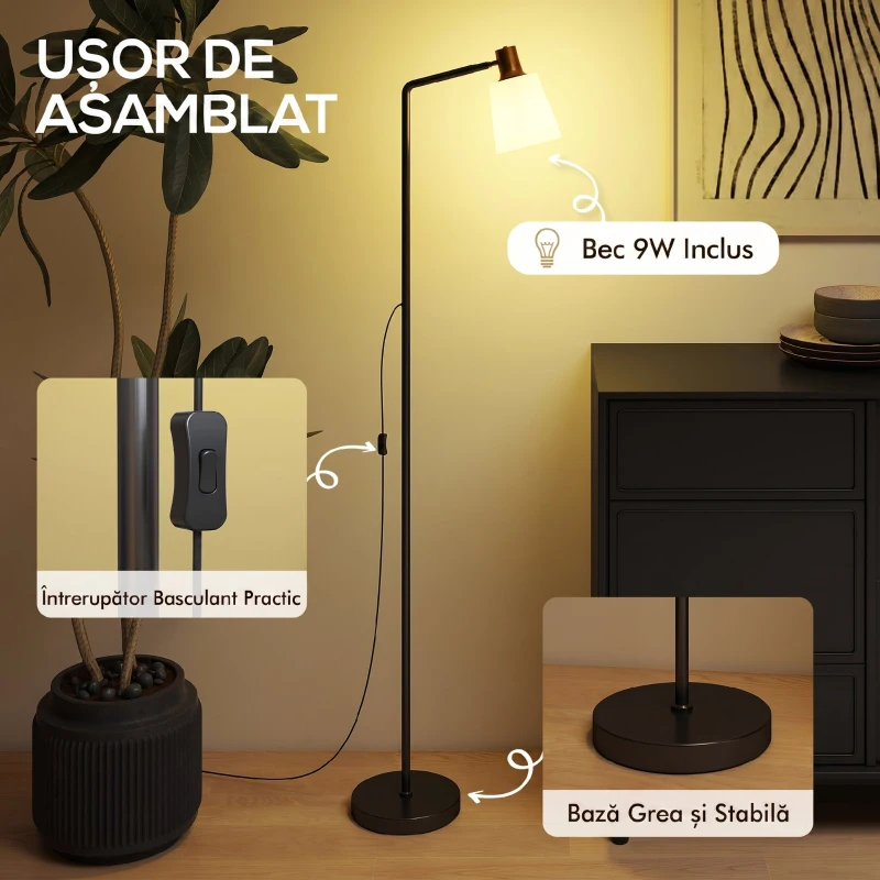 HOMCOM Lampă de Podea LED cu Cap Rotativ la 350°, Reglare a Temperaturii Culorii 3000K/4000K/6500K, Negru