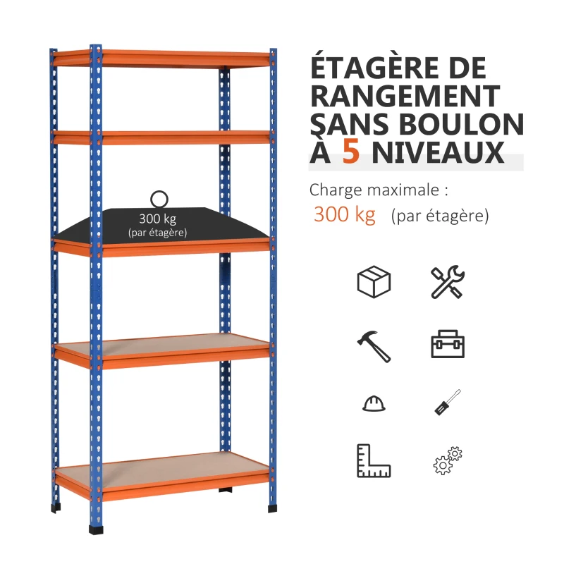 HOMCOM Étagère en métal de garage 5 niveaux capacité 1500 kg 80 x 40 x 182 cm bleu orange