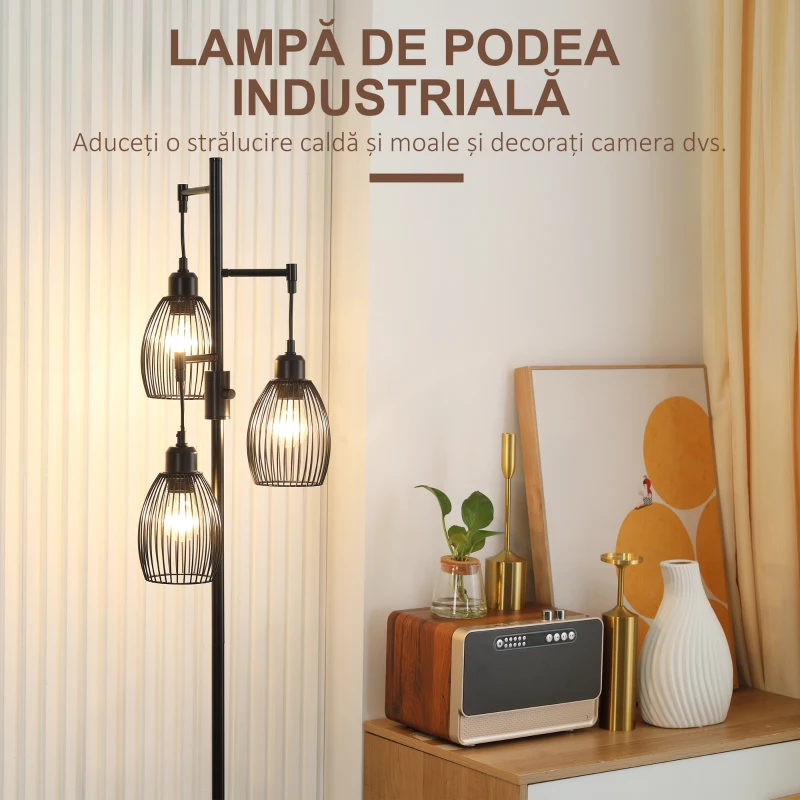 HOMCOM Lampadar Industrial cu 3 Abajururi și Intensitate Reglabilă, din Oțel, 30x30x170,5 cm, Negru
