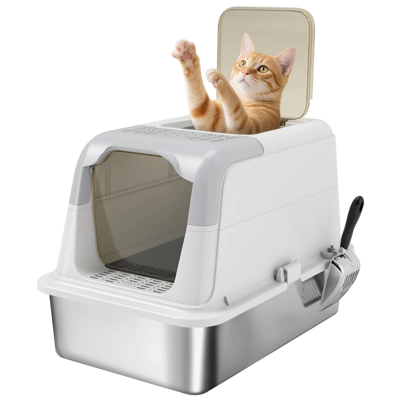 PawHut Kattenbak, kattenbox met deksel, kattenbakschep, vooringang en bovenuitgang roestvrijstaal tot 15 kg(m-11)