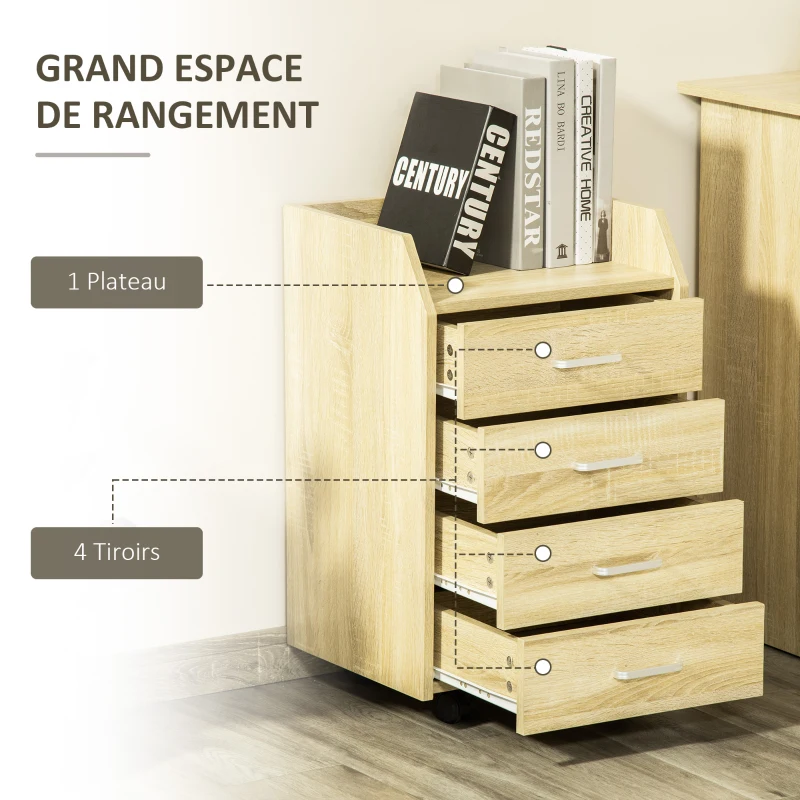 Vinsetto Caisson de bureau rangement sur roulettes 4 tiroirs coulissants MDF et panneaux de particules dim. 40L x 36l x 65H cm bois naturel