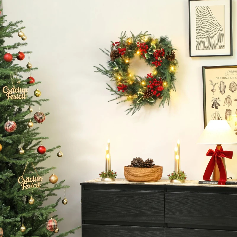 HOMCOM Ghirlandă de Crăciun de 60 cm cu lumini LED albe, timer, conuri, boabe și frunze de ilex, verde