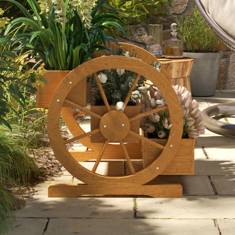 Outsunny Houten Plantenbak met 3 Lagen en Wagenwieldecoratie - 62 x 61 x 57 cm
