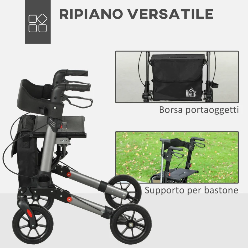 HOMCOM Deambulatore Pieghevole in Allumino ad Altezza Regolabile con Borsa, 64x67x80-92 cm, Nero e Argento