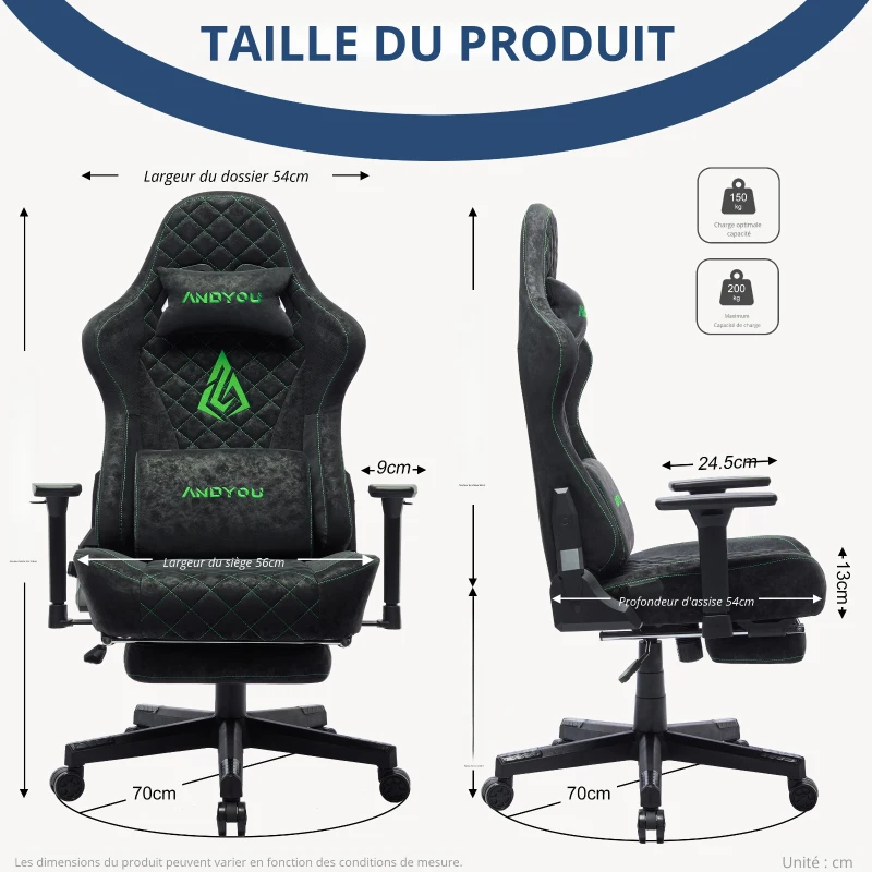 Chaise gaming ergonomique, entièrement rembourrée, respirante, anti-plis et durable, 70x70x131 cm, Noir