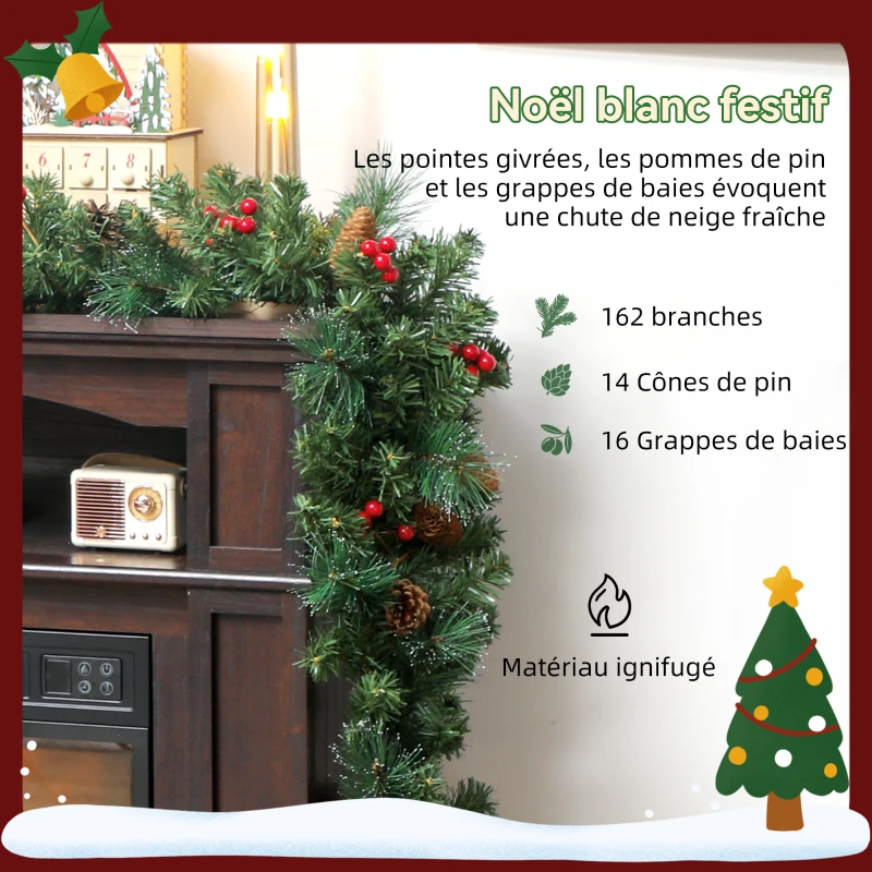 HOMCOM Guirlande de Noël artificielle 180 cm, décoration de Noël, 162 branches denses, pommes de pin, grappes de baies, vert