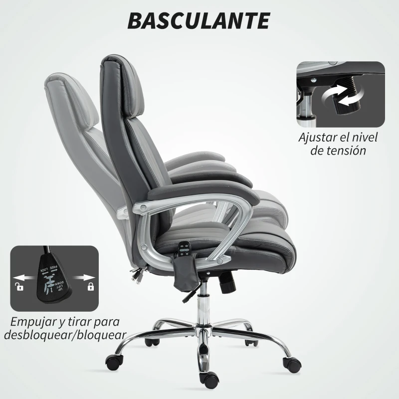 HOMCOM Silla de Oficina con Masaje Calor Lumbar Altura Ajustable e Inclinación Tapizada en Cuero Sintético 66x72x113-121cm Gris