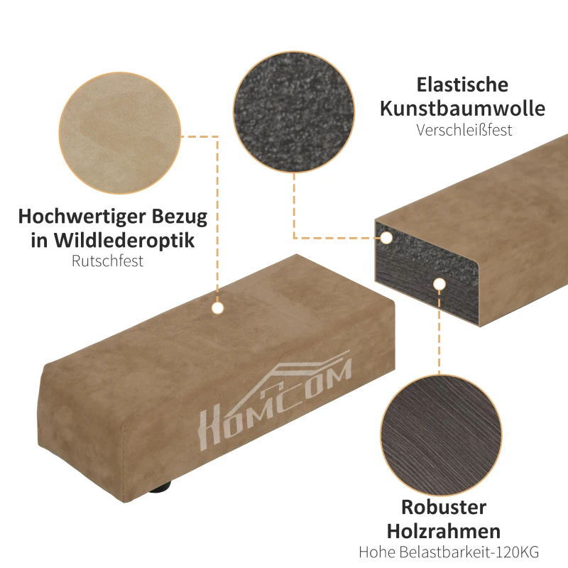 HOMCOM Opvouwbare Evenwichtsbalk, Antislip, Suède Bekleding, Stevig Hout, 210 x 10 x 6,5 cm, Bruin(m-4)