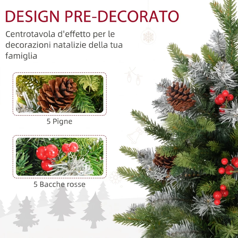 HOMCOM Mini Albero di Natale 60 cm con Luci LED, 141 Rami, Pigne, Bacche Rosse, Base in Cemento, Verde
