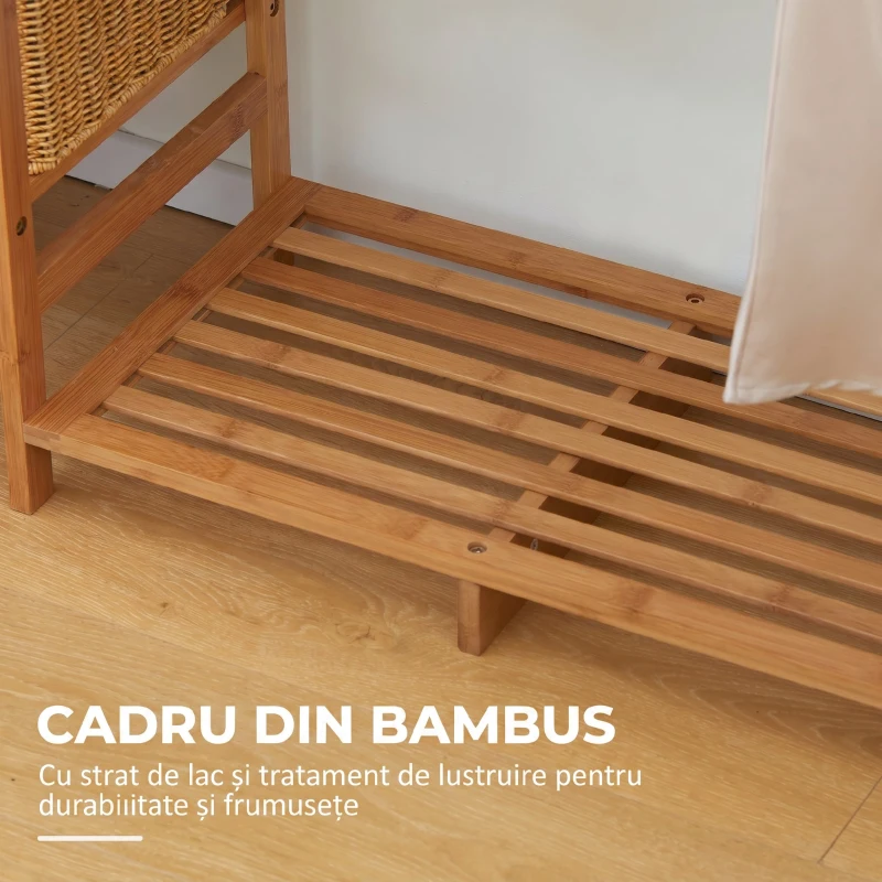 HOMCOM Cuier din Bambus cu Rafturi pe 6 Niveluri și Bară pentru Umerașe, 90x30x145 cm, Lemn Natural