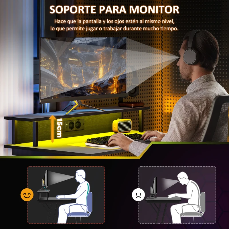HOMCOM Escritorio Gaming con Luces LED 100x60 cm omas de Corriente Soporte para Monitor Estantes y Control Remoto Negro