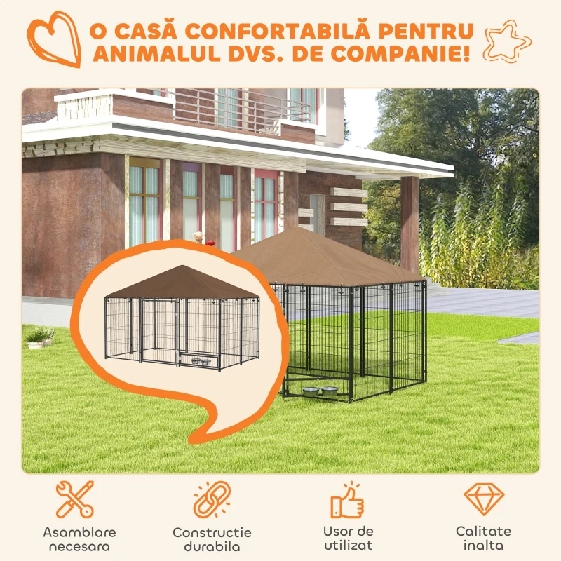 PawHut Țarc pentru câini din metal și material Oxford cu ușiță pentru boluri, 211x141x151 cm, negru și maro