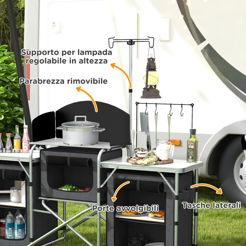 Outsunny Cucina da Campeggio Pieghevole a 3 Piani con 5 Ripiani Interni e 4 Ganci, 172x48x130 cm, Nero