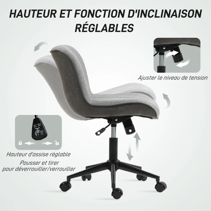 HOMCOM Chaise de bureau pivotante sans accoudoirs, hauteur et inclinaison réglables, capacité 120 kg, gris foncé