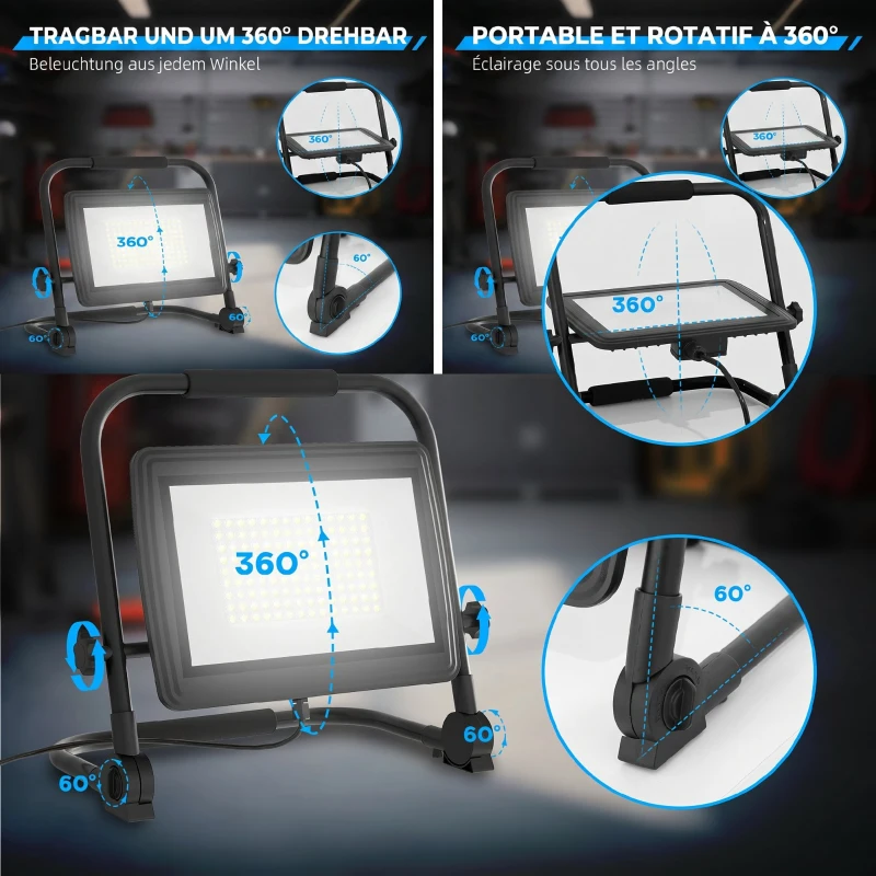 HOMCOM Proiector LED de lucru 6500K cu cap rotativ și suport reglabil, din aluminiu și metal, 35x20x32 cm, negru