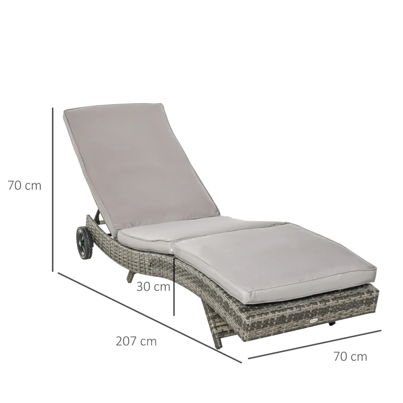 Outsunny Patio Wicker Chaise Lounge Chair, Outdoor PE Rattan Sun Lounger with Adjustable Backrest and 2 Wheels, Grey