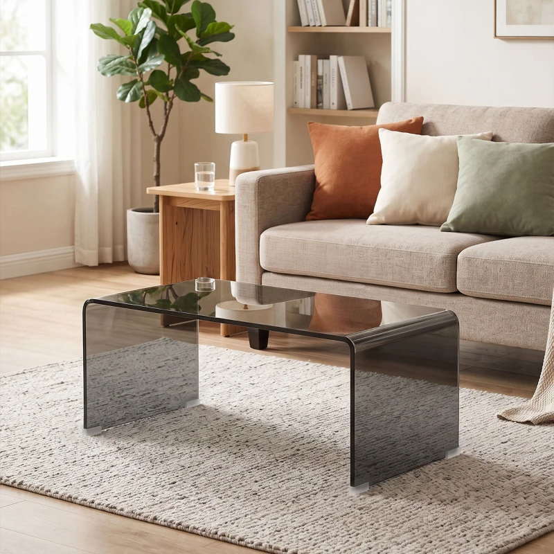 HOMCOM Mesa de centro de vidrio, mesa de salón rectangular diseño moderno con bordes redondeados seguros, gris claro transparente