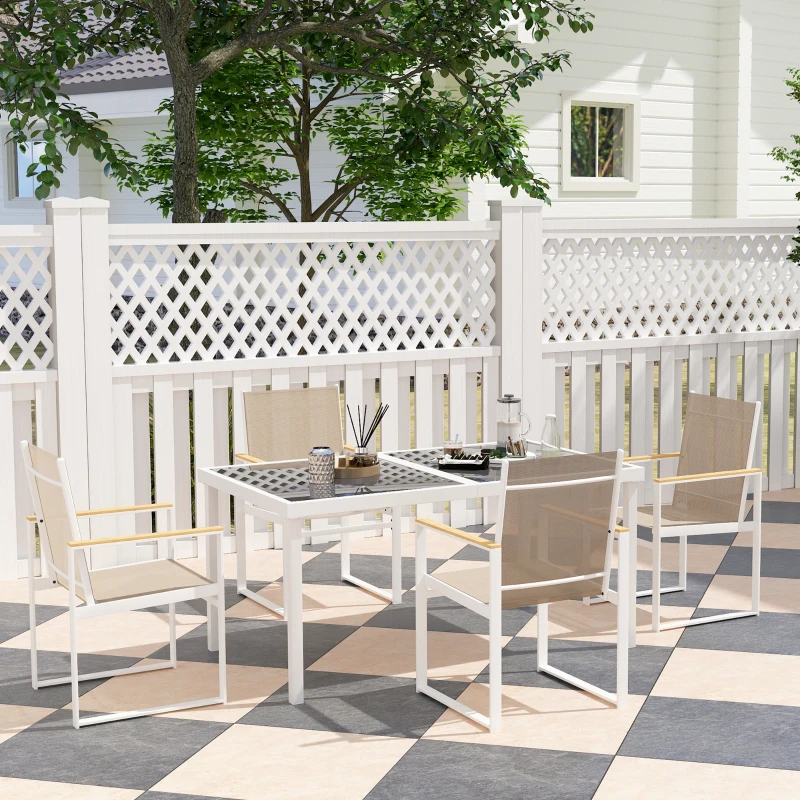 Outsunny 5-delig eetset voor buiten, tafel met gehard glas, 4 stoelen, weerbestendig, stalen frame, terrasmeubilair, Meerkleurig