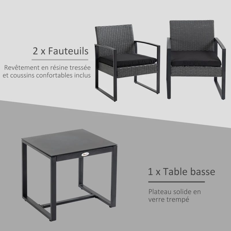 Outsunny Salon de jardin 2 places 3 pièces 2 chaises avec coussins + table basse plateau verre trempé résine tressée 4 fils imitation rotin gris