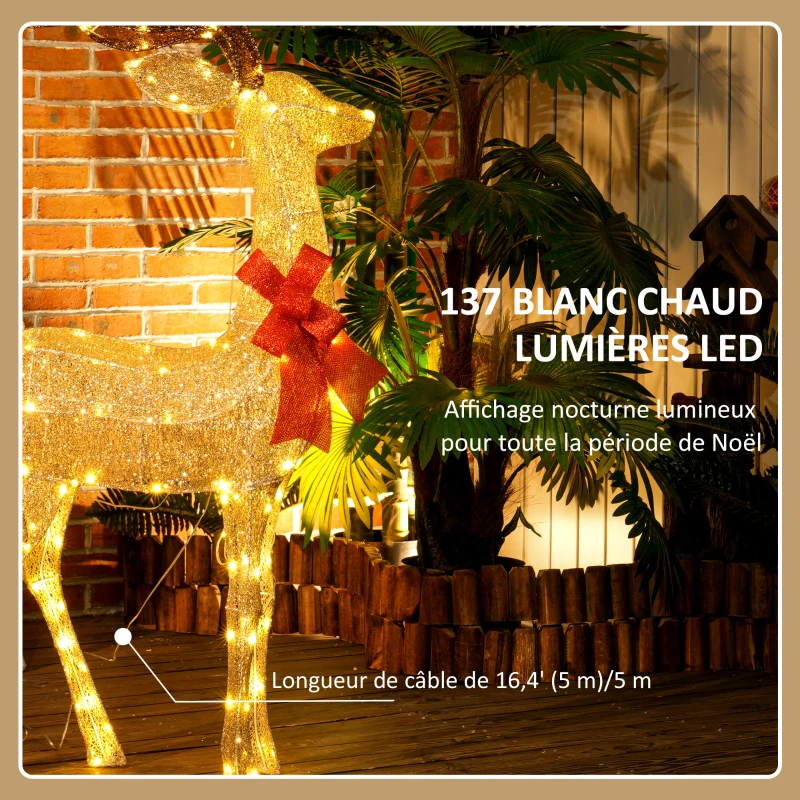 Outsunny Renne de Noël lumineux, décoration renne lumineux Noël en acier, avec 137 LED blanc chaud, 66 x 25 x 135 cm, or