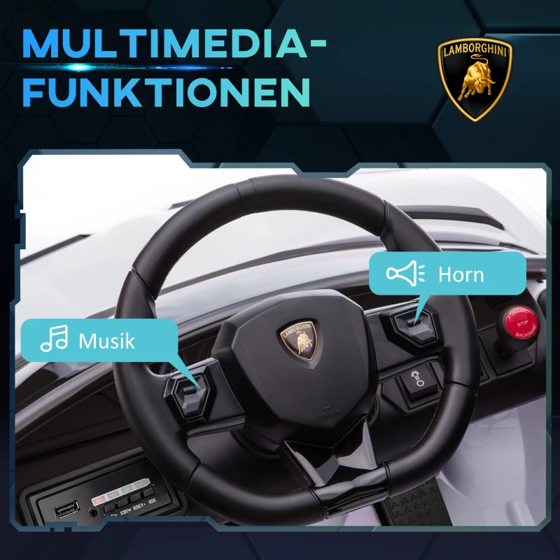 HOMCOM Elektrische kinderauto, officiële licentie van de Lamborghini Aventador, met vleugeldeuren, muziek, claxon, geschikt voor kinderen van 3-5 jaar, wit