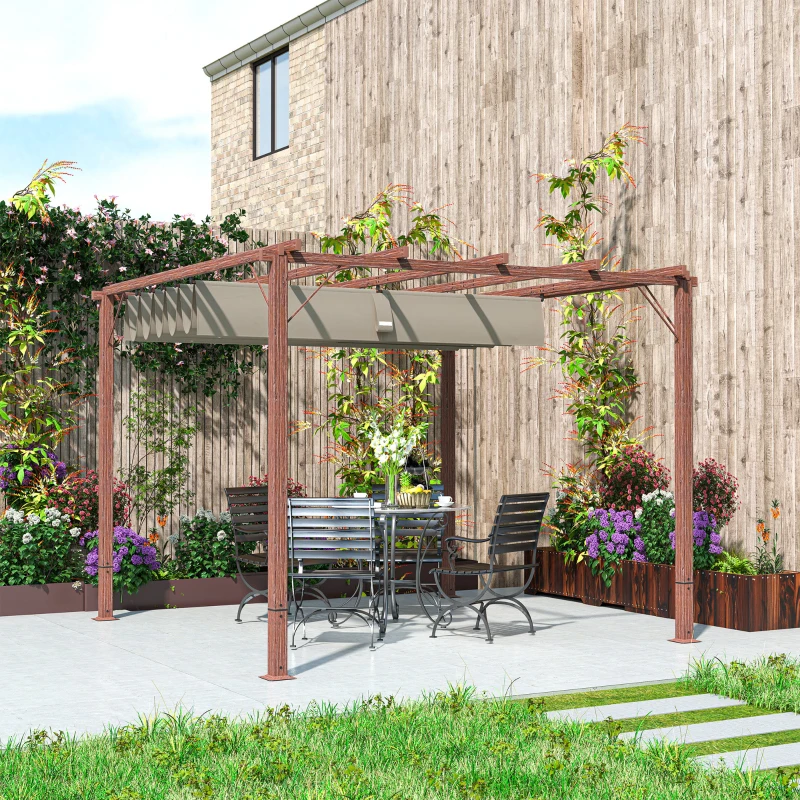 Outsunny 3 x 3 m Tuin-Pergola, Verstelbaar Terrasdak, Aluminium Frame, UPF30+ Zonbescherming, Natuurlijk Hout