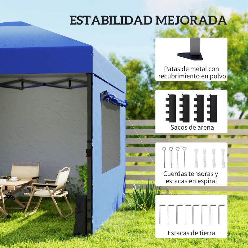 Outsunny Carpa Plegable Pop-up 3x3 m con 3 Paredes 2 Ventanas Altura Ajustable UPF50+ Bolsa Transporte y Sacos de Arena Azul