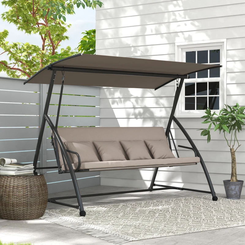Outsunny 2-in-1 Hollywood schommel met Ligfunctie, 3-zits Tuinschommel van Staal 170x110x153cm, Lichtbruin