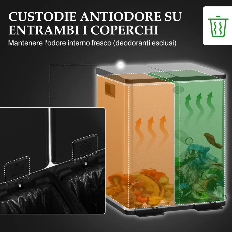 HOMCOM Bidone Immondizia a 2 Sezioni da 20L con Chiusura Silenziosa, in Acciaio Inox e PP, 45.8x36x51.6 cm