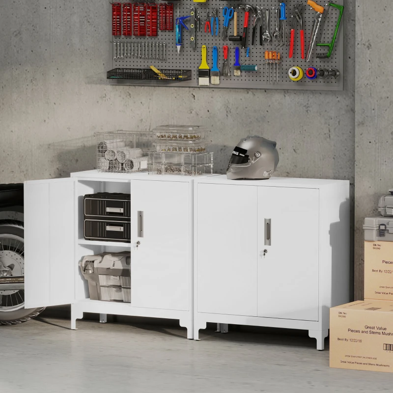 HOMCOM Lockable Metal Filing Cabinet, 2-Tier Storage Cupboard with Double Doors, Modern Office Organiser, White