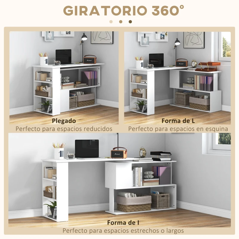 HOMCOM Escritorio Esquinero Giratorio, 120x110 cm, Escritorio en L, Mesa de Escritorio con Estantes, para Oficina en Casa, Estudio, Hogar, Blanco