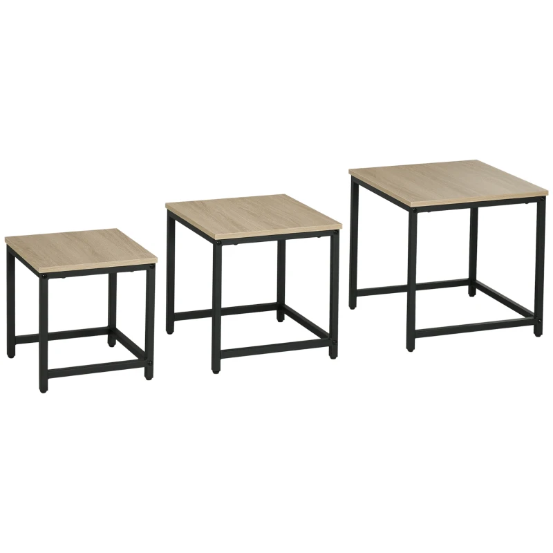 HOMCOM Set van 3 bijzettafels, industrieel ontwerp, zwart stalen frame, tafelblad met houteffect