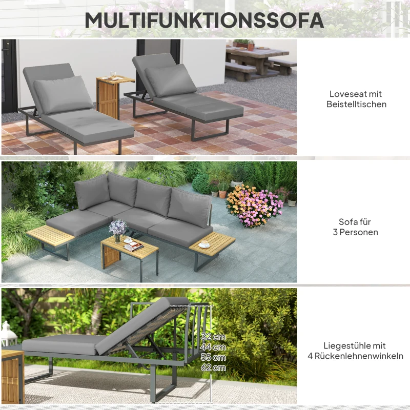 Outsunny Buitenmeubelset, Uitbreidbaar naar 6 Zitplaatsen, L-Vormige Buitenhoek met Tafels, Stalen Frame, Verstelbare Leuningen, Grijs