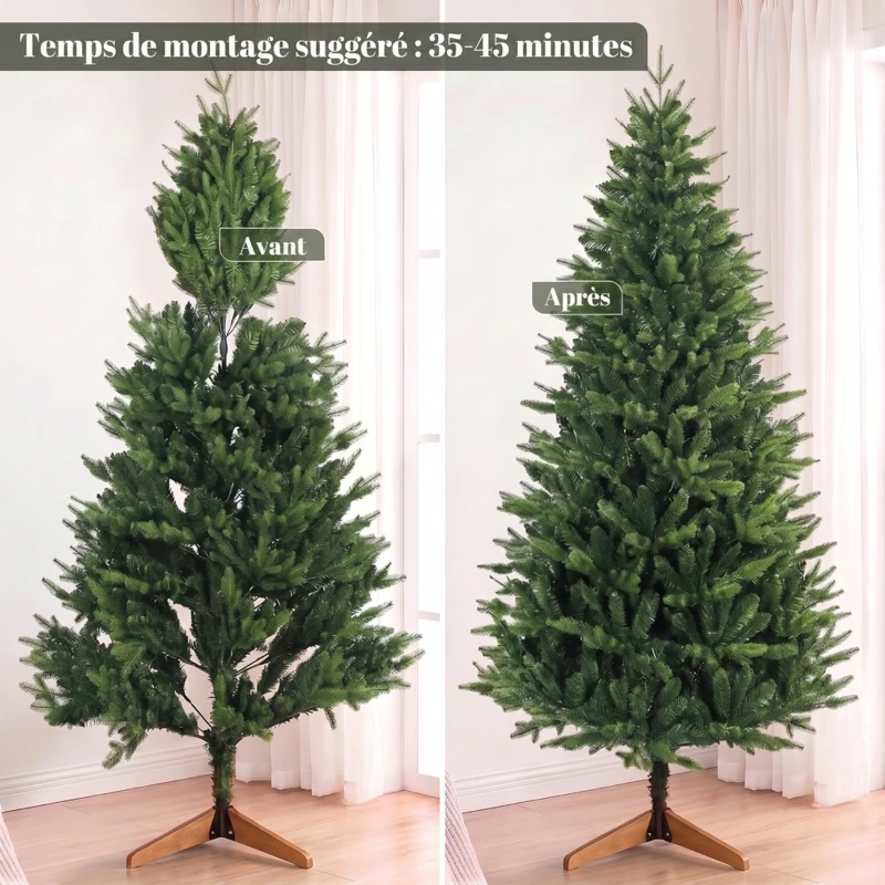 HOMCOM Sapin de Noël Artificiel 180 cm, Arbre de Noël avec 889 Pointes de Branches Articulées Réalistes, Support en Bois, Vert