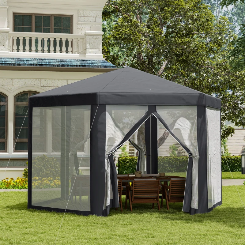 Outsunny 4M Hexagon Gazebo, Netting Party Tent, Patio Canopy Outdoor Event Shelter for Activities, Shade Resistant, Grey