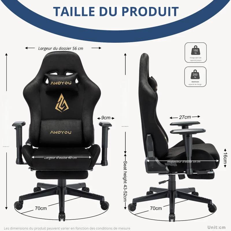 Chaise gaming avec repose-pieds, en similicuir suédé respirant, réglable en hauteur avec vérin à gaz, pivotante, 70x70x135 cm, Noir