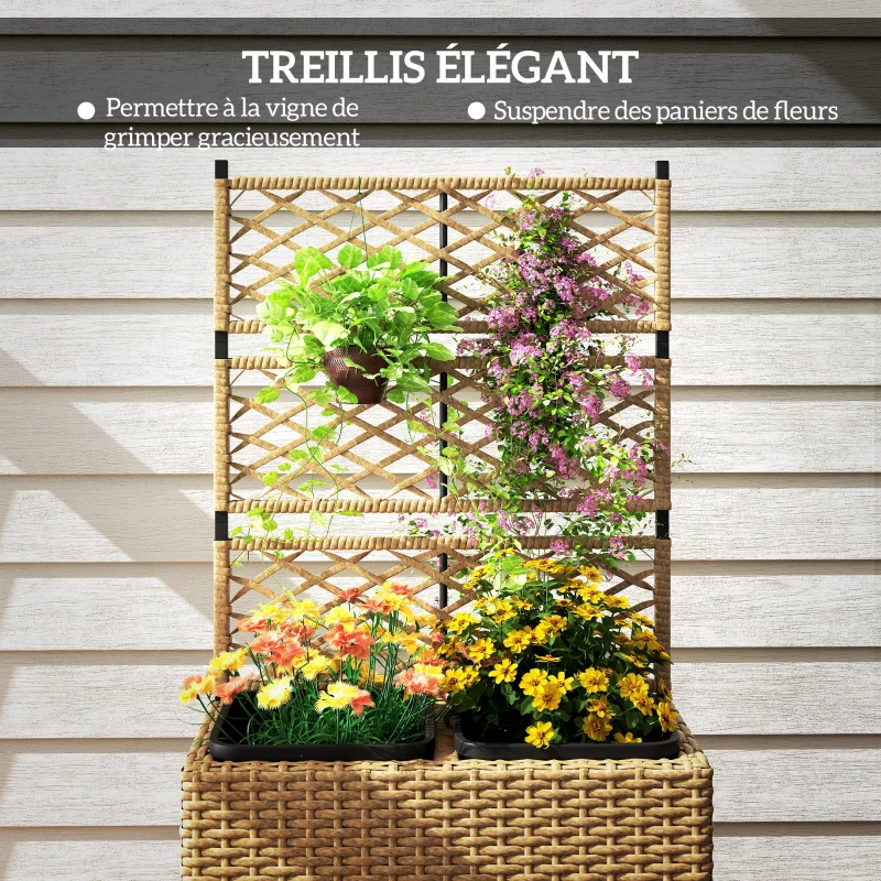 Outsunny Jardinière pour plantes avec treillis 2 bacs à plante 22L en résine tressée et acier 57 x 30 x 107 cm sable