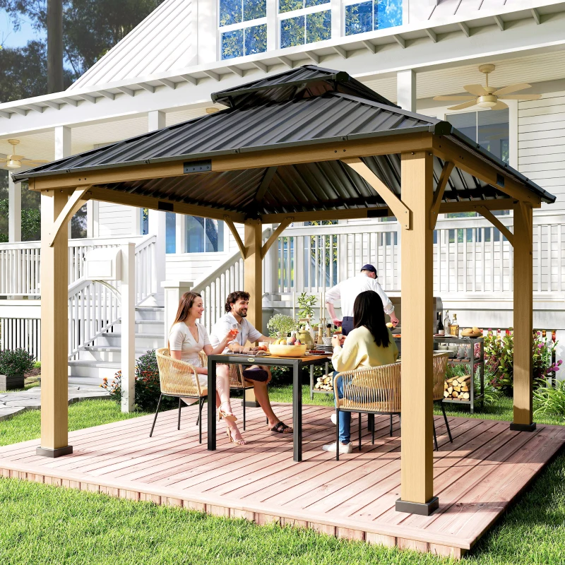 Outsunny 3.5 x 3.5m Outdoor Hardtop Gazebo Canopy with Two-tier Metal Roof and Solid Wood Frame Outdoor Patio Shelter for Patio, Garden, Black