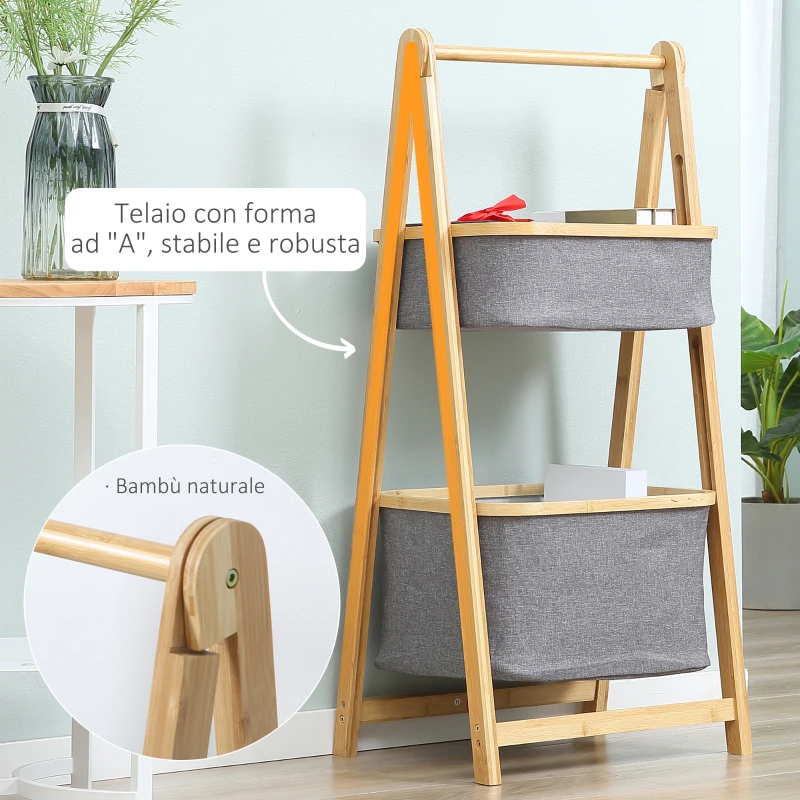 HOMCOM Mobile Bagno Pieghevole in Bambù con 2 Cassetti in Tessuto Poliestere Grigio, 45x35x98cm