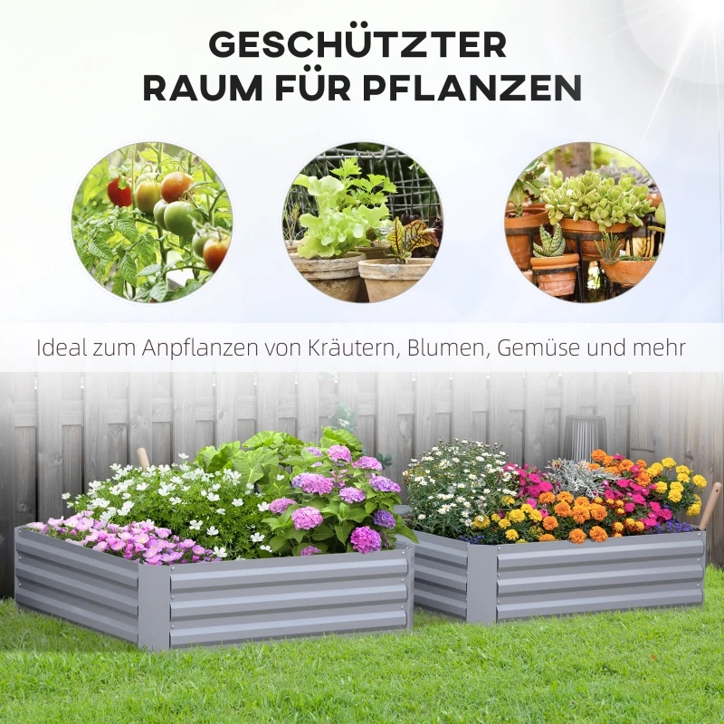 Outsunny Plantenbak, set van 2, bloembak, open bodem, stalen frame, grijs, (2 x) 100 x 100 x 30 cm