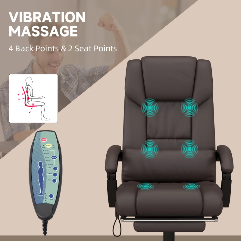Vinsetto PU Leather Office Chair with 6-Point Vibration Massage, Reclining Chair Office with Footrest, Adjustable Height, Computer Chair, Brown