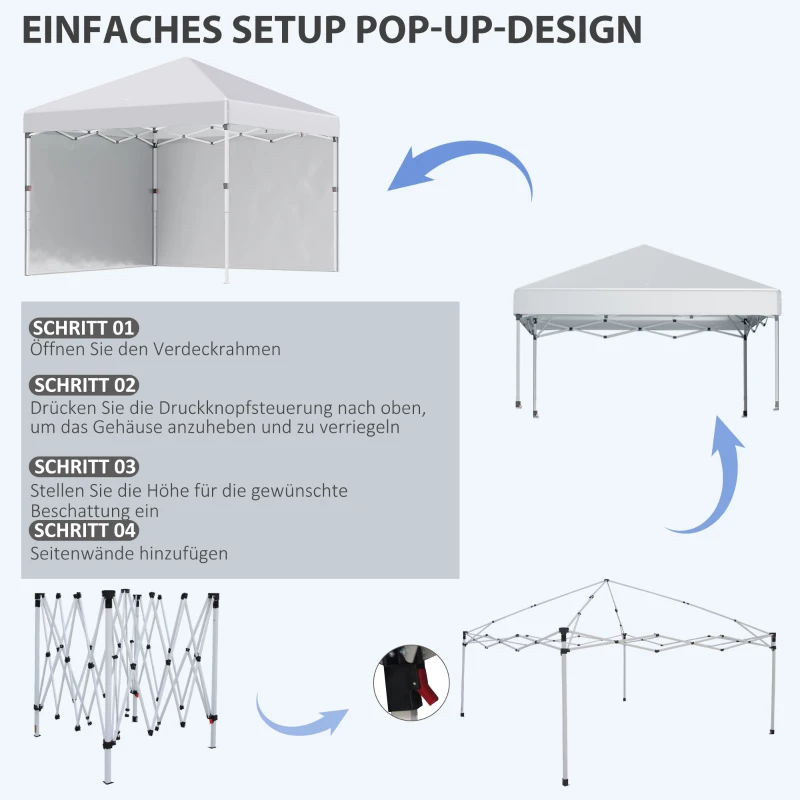 Outsunny Opvouwbare paviljoen met 2 zijwanden, verstelbare hoogte, inclusief draagtas, roestvrij stalen frame, 3x3 m, wit