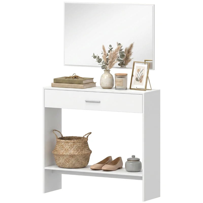 HOMCOM Recibidor de Entrada con Espejo Cajón y Estante Mueble de Recibidor para Pasillo 91,5x27,9x85,5 cm Blanco