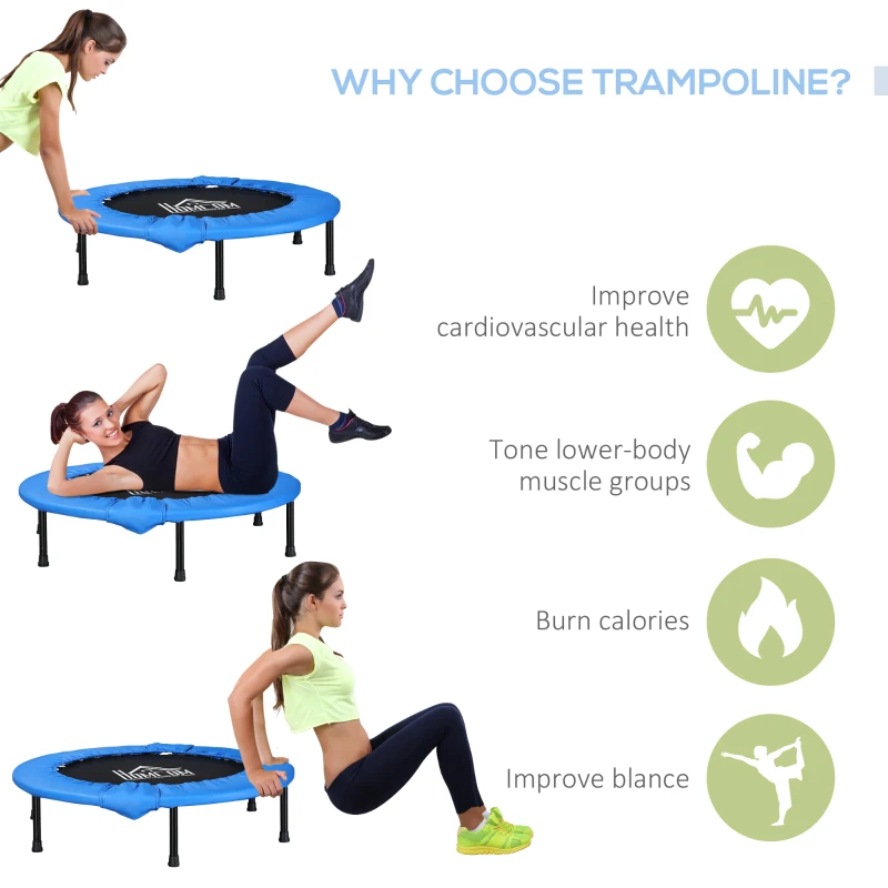 HOMCOM 38" Mini Fitness Trampoline Home Gym Yoga Exercise Rebounder Indoor Outdoor Jumper with Safety Pad, Support Up to 100 KG, Blue and Black
